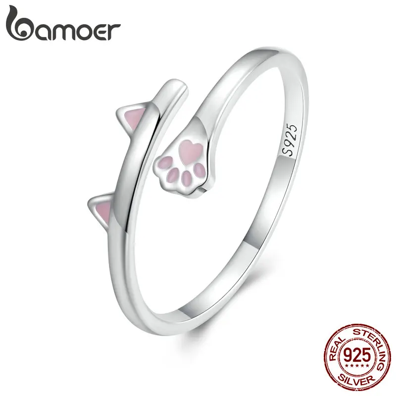 Bamoer 925 Sterling Silver Pink Cat Ears and Paw Opening Ring Cute Pet Simple Adjustable Ring for Women Birthday Gift BSR316