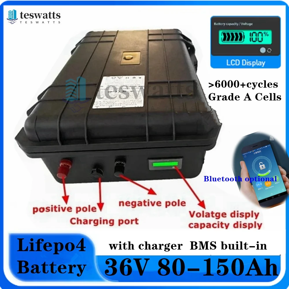 36V LiFepo4 100Ah 80Ah 120Ah 150Ah Lithium Battery with Bluetooth BMS 12S for Ttrolling Motor Propeller Boat Solar System