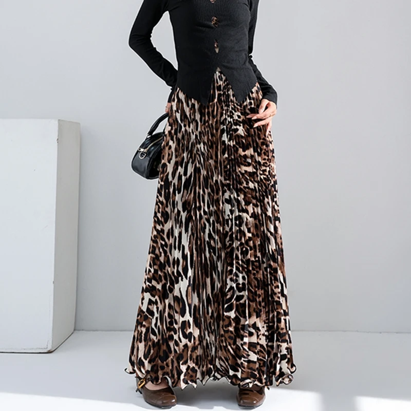 Vintage Leopard Pleated Long Skirt Women Spring Autumn Elastic High Waisted Slim Dance Club Party Maxi Skirt