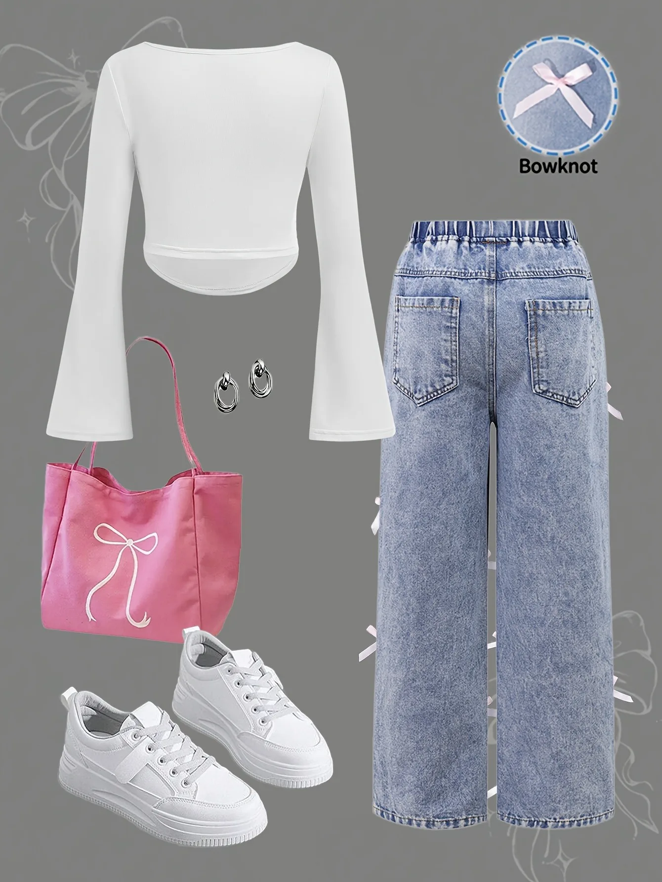 Zweiteiliges süßes Outfit-Set für Mädchen, rosa, mit Schleifenverzierung, gerüschtes, langärmliges Crop-Top und Jeans mit elastischem Bund und weitem Bein – Detail 3