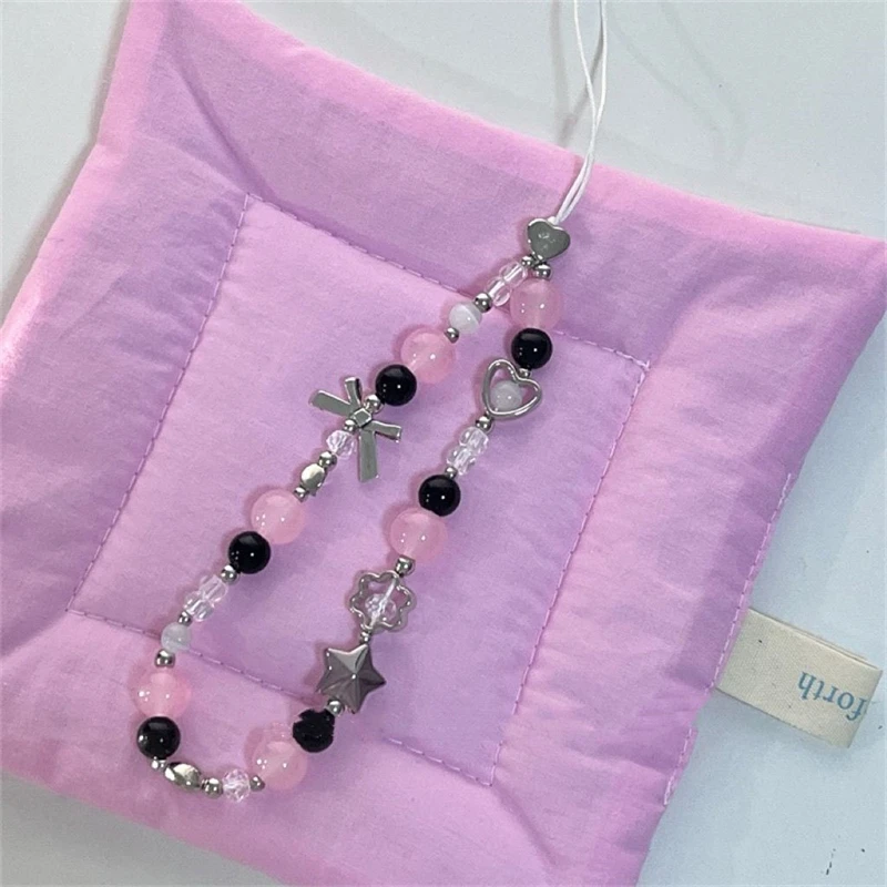 

Корейская цепочка для телефона Y2K с милым бантом в форме сердца и розовыми жемчужинами, украшенная бусинами, подвесная веревка для камеры iPhone, веревка с защитой от потери, подвесные украшения