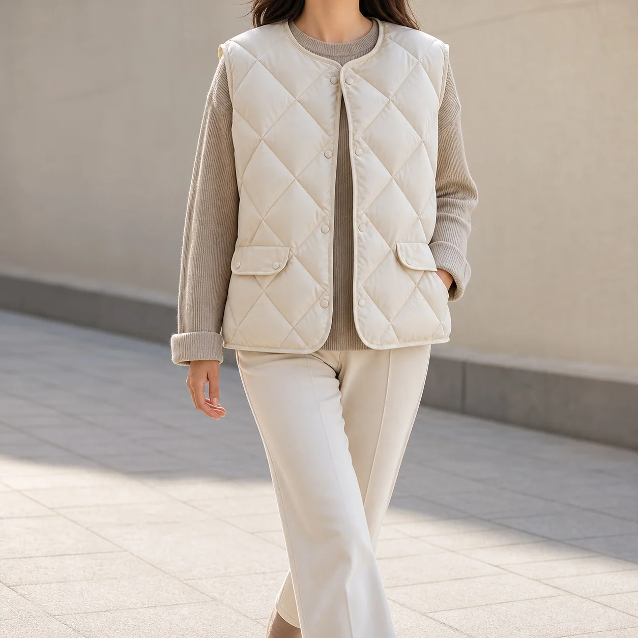 Women's And Women's Warm Cotton Short Length Solid Color Collarless Open Front Diamond Quilted Sleeveless Vest with Front