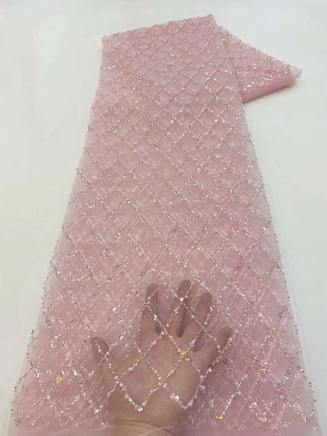 5 Yards Luxus High-End Perlen Stoff schwere Pailletten Stickstoff Mode Französisch Tüll Mesh Spitze Stoff für die Hochzeit