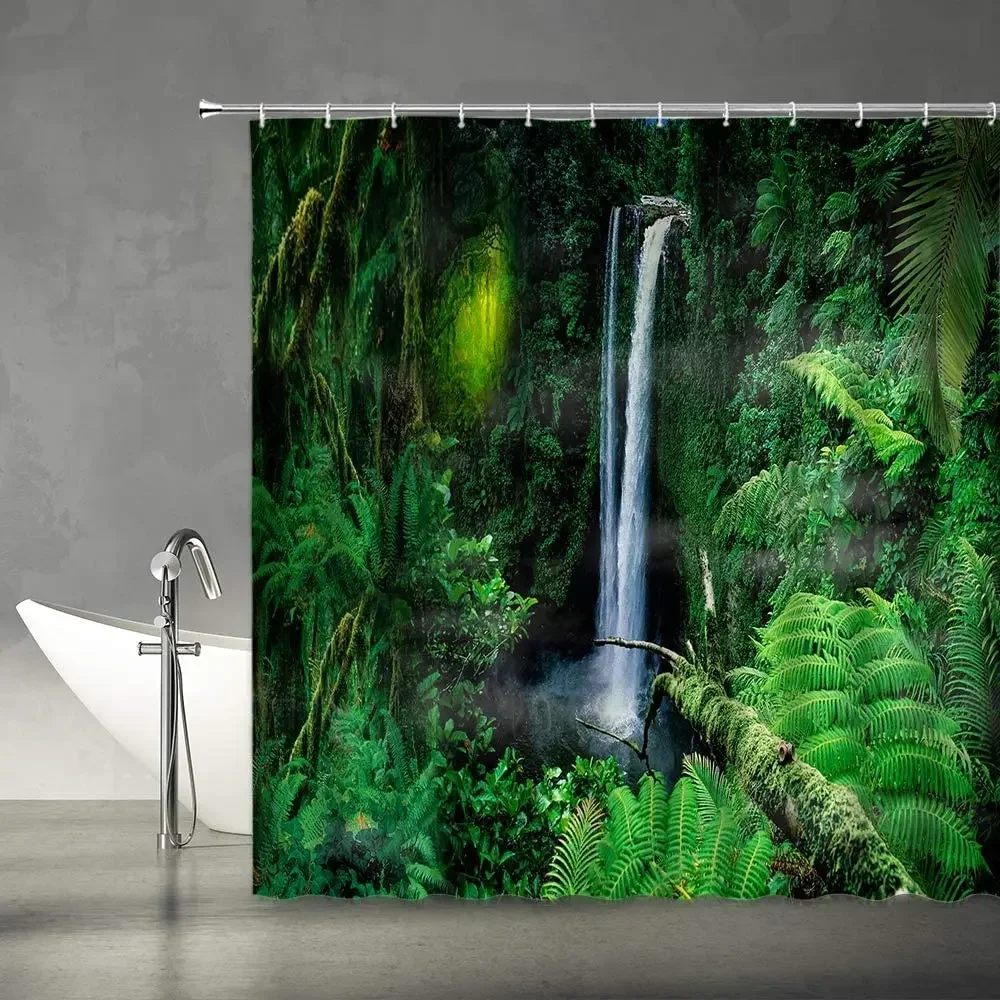 Forest Waterfall Shower Curtain Tropical Rainforest Palm Jungle Tree Green Leaves Plants Scenery Bathroom Decor Set with Hooks