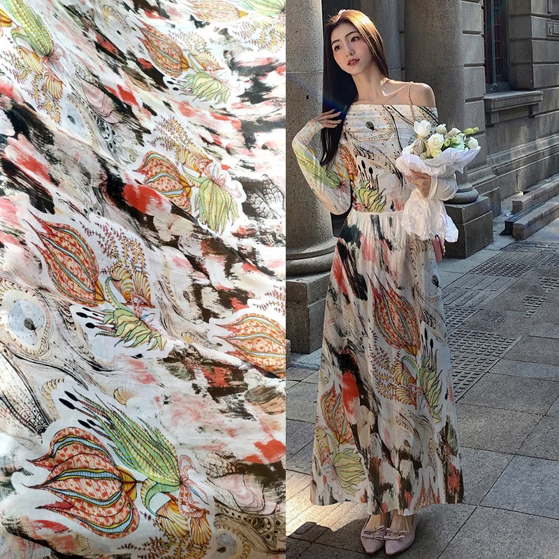 Real 100% Mulberry Silk Fabric High Set Women\'s Dress Fashionable Light Luxury Print Flower Cloth Sewing Fabrics by The Meters