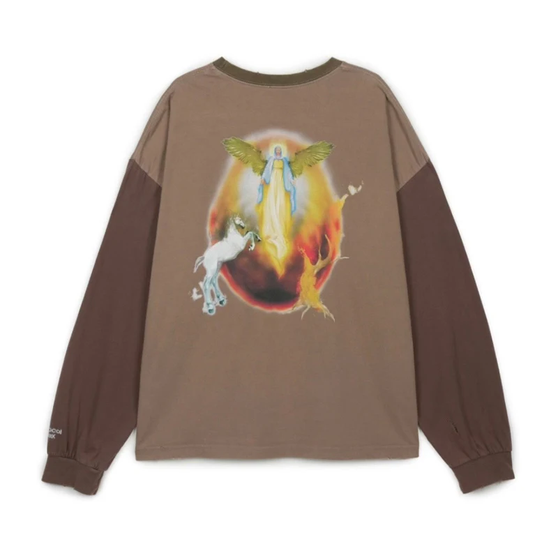 Vintage Contrasting Damaged Protocol Index Long Sleeved Autumn Casual Round Neck High-quality T-shirt
