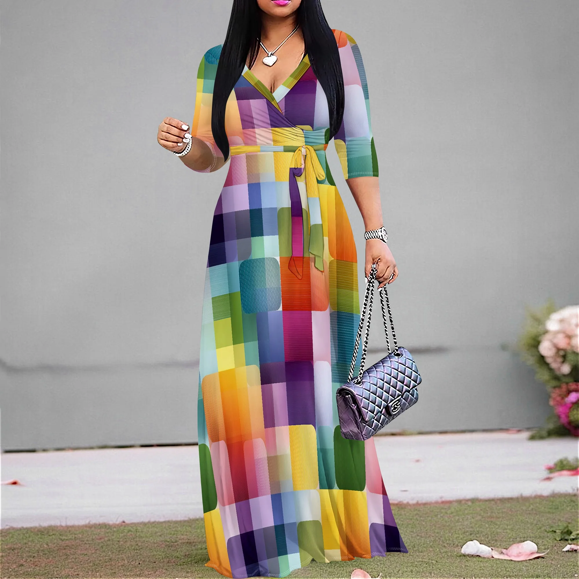 

Color Block Maxi Dress Geometric Print Afro Style S-3XL V-Neck Belted Waist for Festival, Juneteenth or Artistic Outing