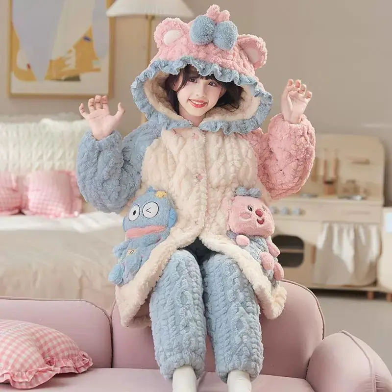 Sanrio hangyodon pijamas femininos criativos de alto valor outono e inverno animação dos desenhos animados engrossado roupas para casa terno exterior