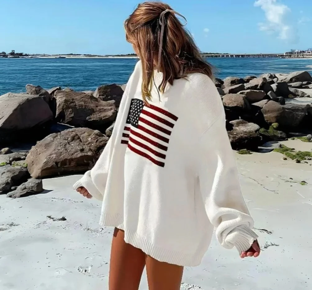 الخريف الشتاء الدافئة محبوك القمم المرأة سترة لاعبا الأبيض لينة العلم نمط عادية فضفاض كم طويل البلوز البلوزات #1