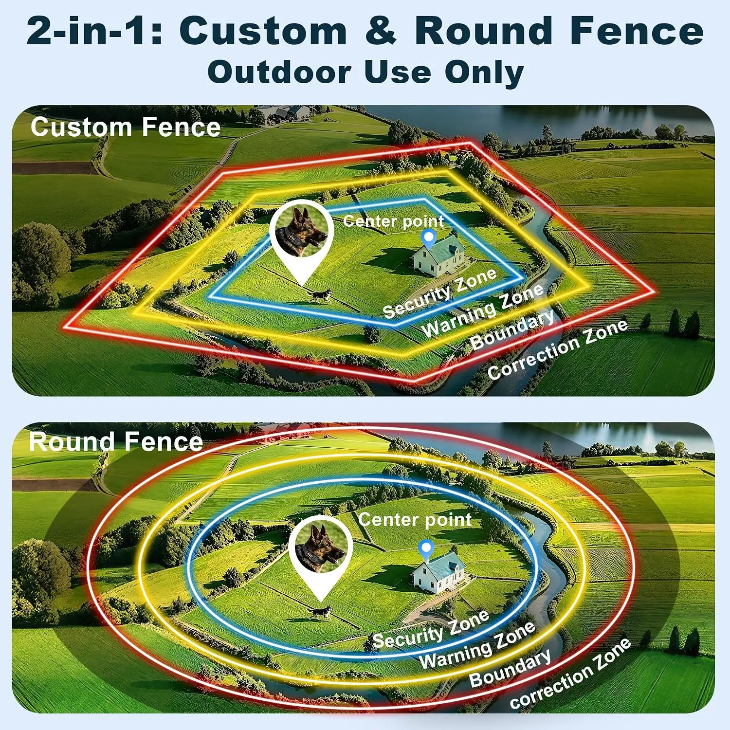 GPS Wireless Dog Fence System 2 in 1 Circular Rectangular Boundary 49-6500ft 3 Training Modes Magnetic Charging Waterproof No Su