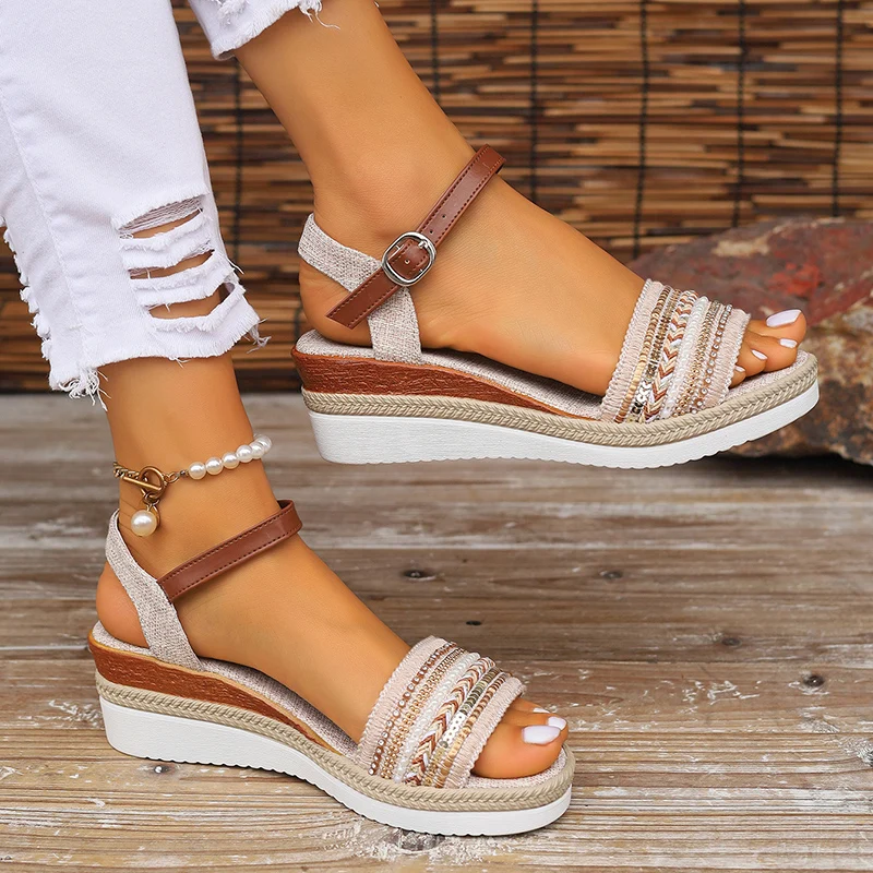 Women\'s Braided Casual Sandals Buckle Strap Platform Wedge Sandles for Women 2024 Summer Light Non Slip Walking Sandalias Mujer