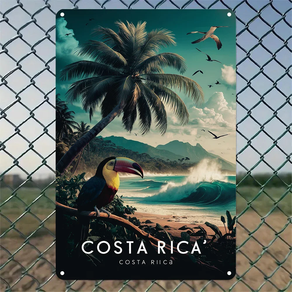 [2D Plano] Arte de Pared de Aluminio Vibrante de Costa Rica - Escena Tropical de Playa con Palmera, Tucán y Olas del Océano
