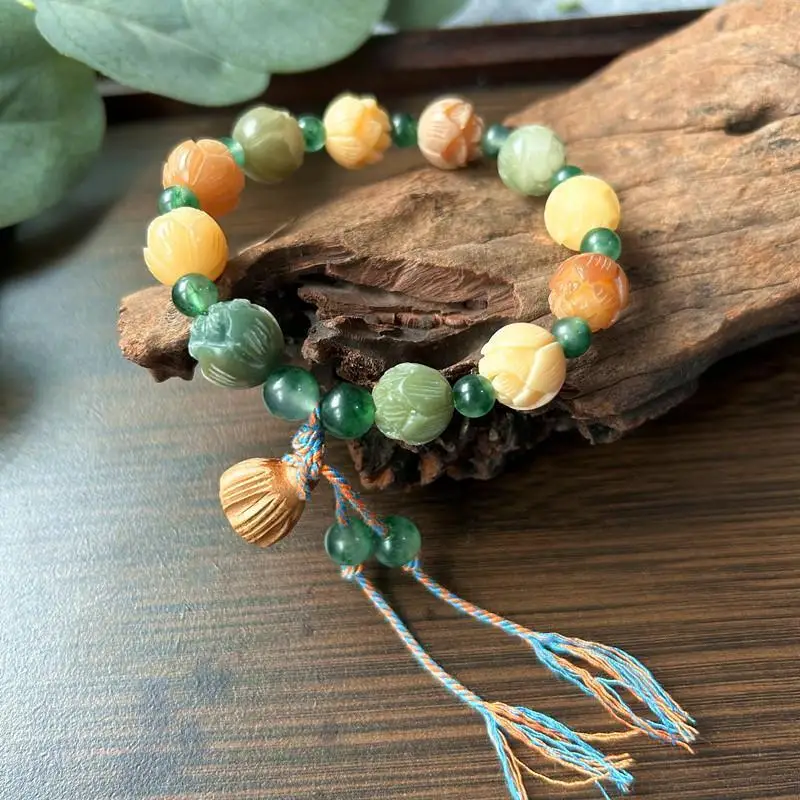 

New Duobao Bracelet Bodhi Root Carving Colorful Lotus Rich Flower Buddha Bead Handstring Solicit Wealth Money Drawing Fortune