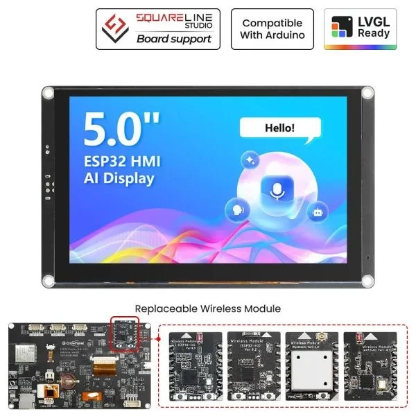 Elecrow CrowPanel Advance 5-дюймовый HMI-дисплей на базе ESP32-S3 с поддержкой ИИ, 5-дюймовый сенсорный экран IPS 800x480, совместимость с Arduino/LVGL/Micropython.