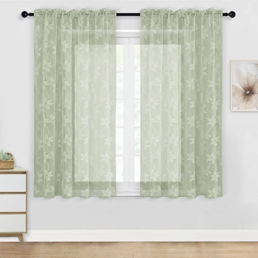 

Floral Lace Sheer Ains - Short Ains Floral Lace Design Rod Pocket Window Voile Sheer Drapes For Kitchen Bedroom Living Room 52