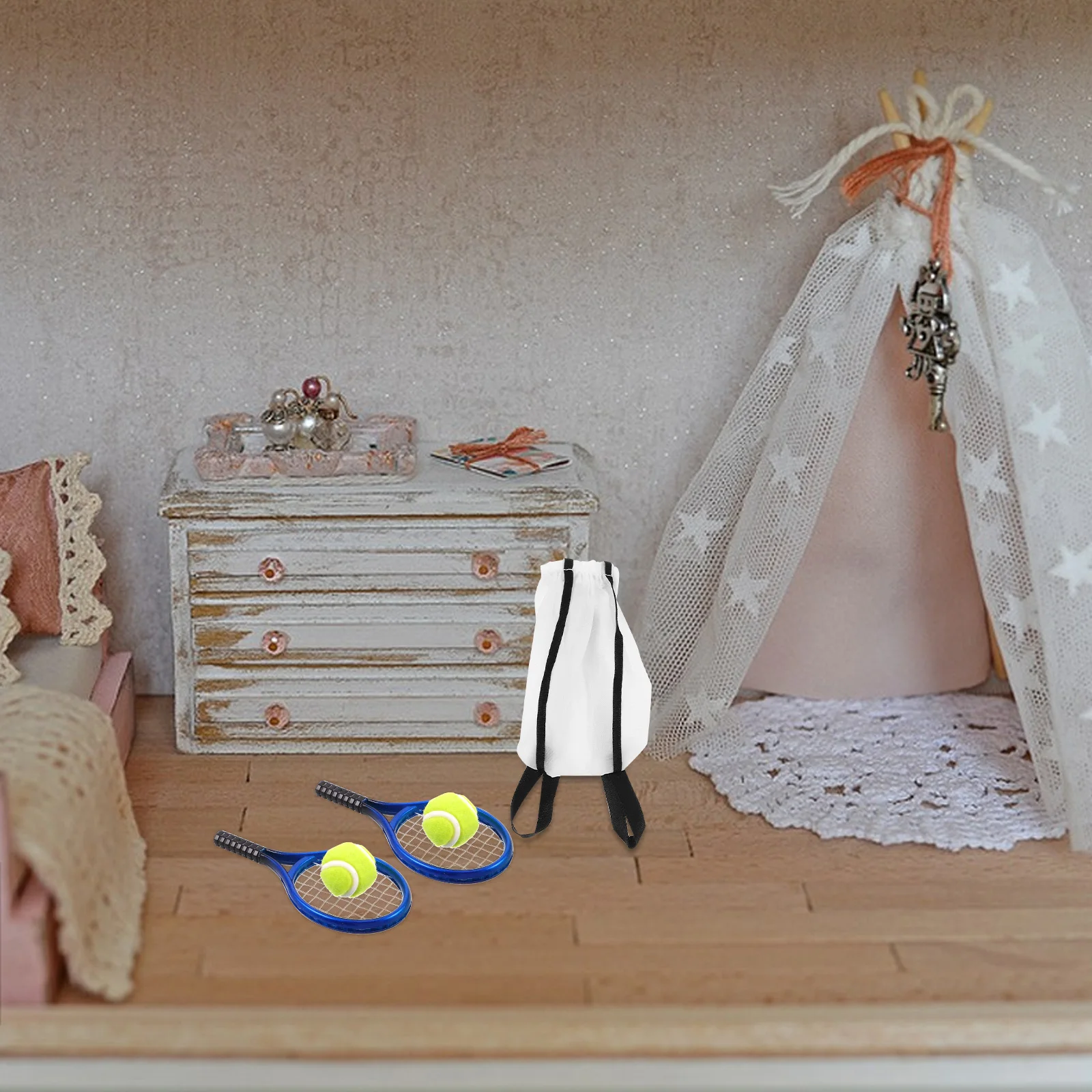 2Sets Mini Tennisracket Set Bal Realistisch Sportaccessoire Poppenhuis Miniatuur Opbergtas Creatief Speeltennis Speelgoedset