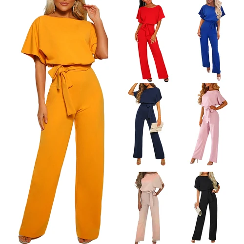 Imagen 2 del producto Mono elegante de manga corta para mujer, pantalones de pierna ancha con lazo en la cintura, color liso, ropa de verano, 2024