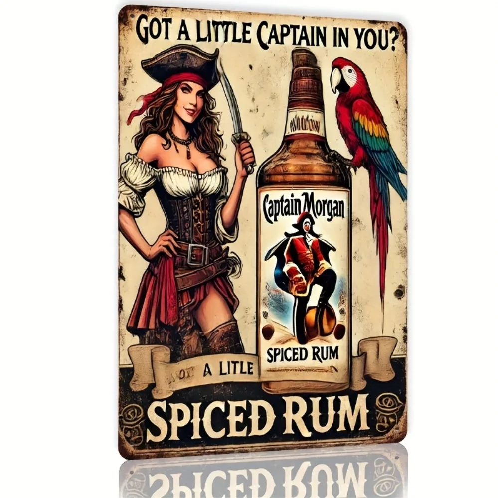 Cartel de metal vintage del Capitán Morgan Spiced Rum – Arte de pared de hierro con temática de pirata con "¡Un pequeño capitán en ti?" Diseño retro