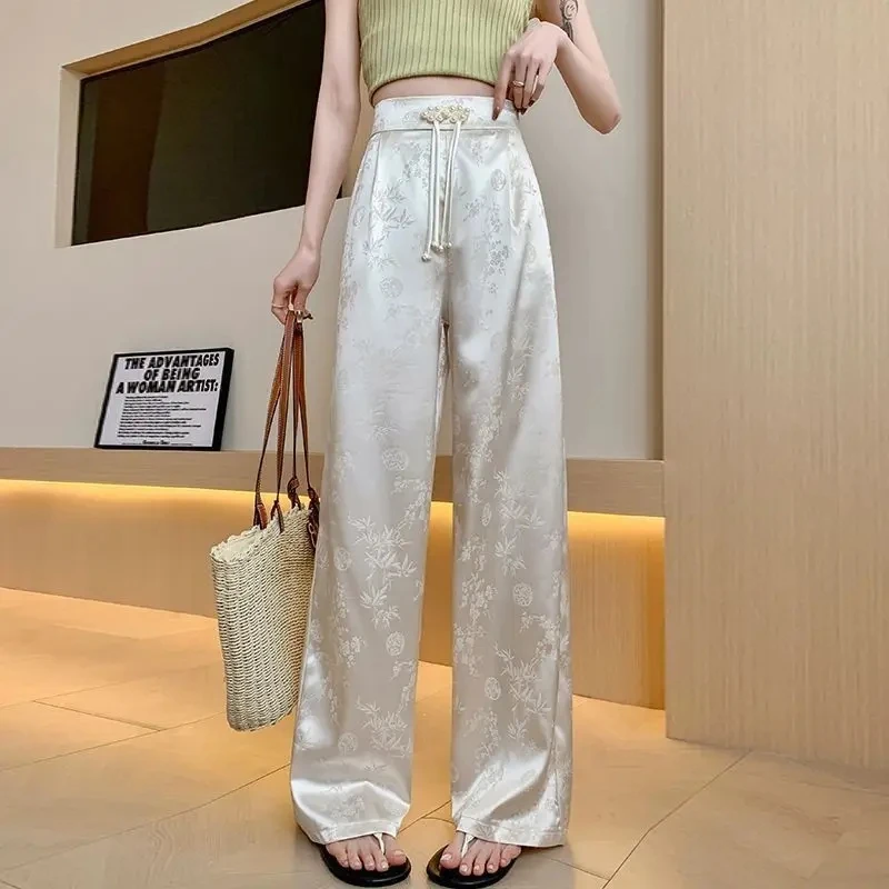 Flower Pants Lace Up Cool Pants Korean Style Y2k Pants New Satin Straight Pants Women Summer Thin Ice Silk