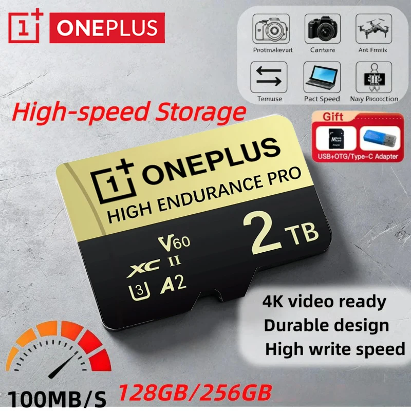 OnePlus 2TB Ultra-Speed V30 A2 4K SD Card 512GB 256GB 128GB Memory Card 1TB Micro TF SD Adapter for Phone/Tablet/PC Cross-Use