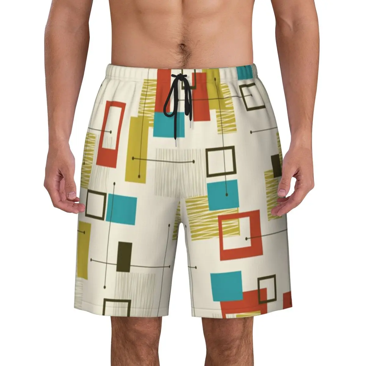 

Retro Mid Century Modern Atomic Swim Trunks Mens Quick Dry Board Shorts Abstract Minimalist Geometric Bathing Suits Boardshorts