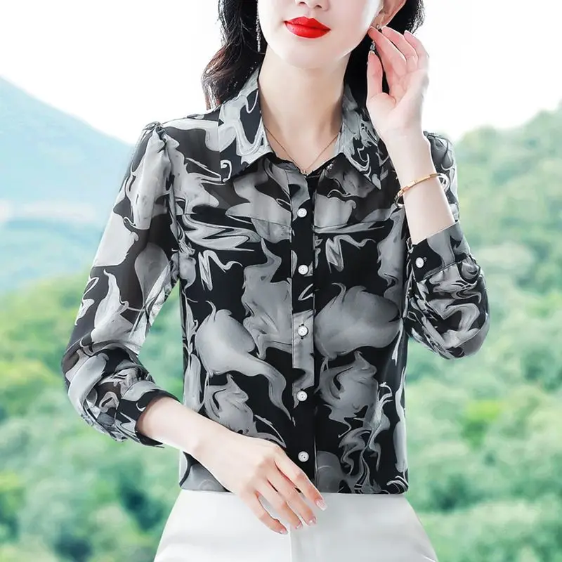 Women\'s Korean Fashion Print Elegant Button Up Shirt Spring Autumn Office Lady Lapel Blouse Long Sleeve Loose Tops Casual Blusas