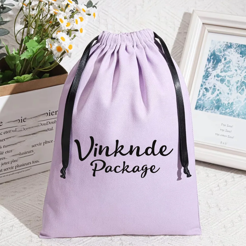 

50pcs Personalized Logo Purple Cotton Jewelry Drawstring Pouches Thick Canvas Gift Bags with Ribbon Wedding Favor For Guests