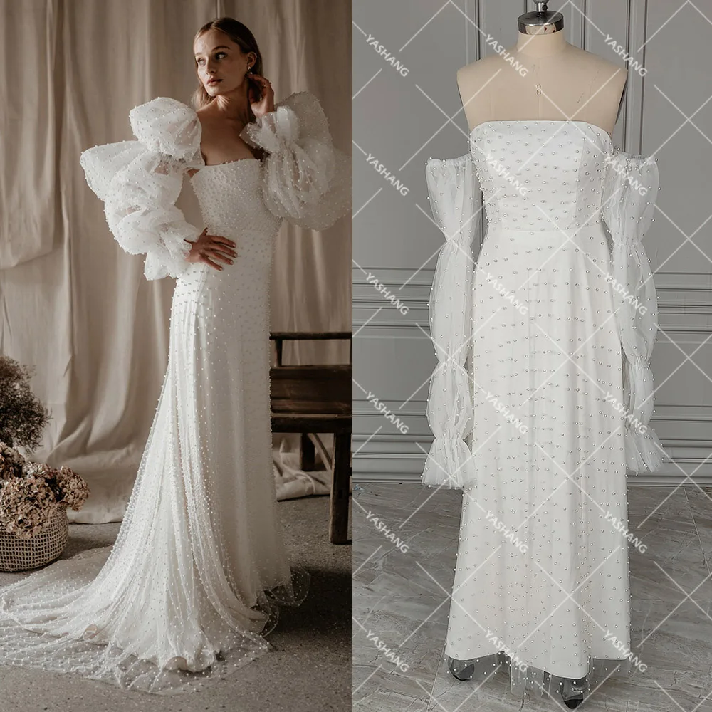 Long Bubble Puffy Sleeves Pearls Tulle Wedding Dress Plus Size Customized Square Neck Sheath Backless Princess Chic Bridal Gown