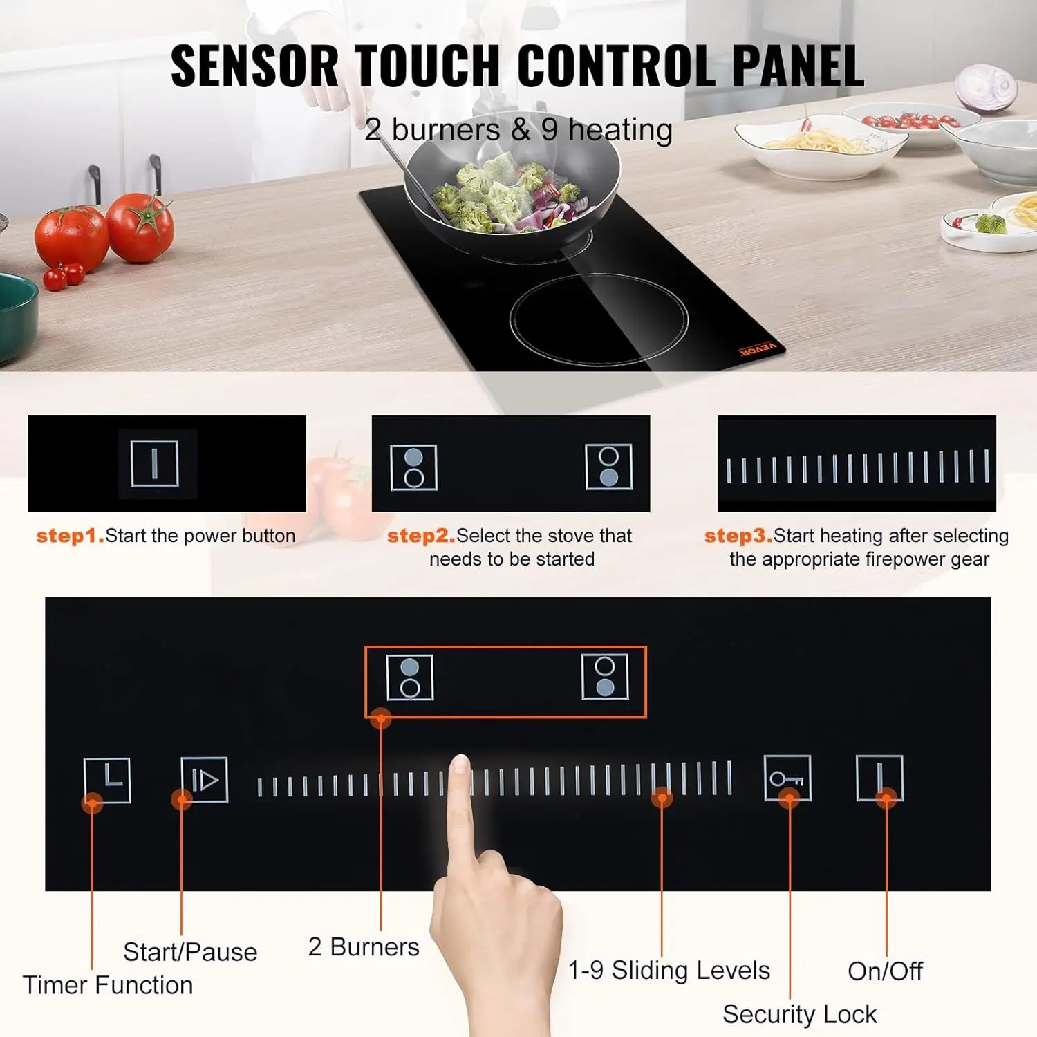 Plaque de cuisson rayonnante en verre avec contrôle tactile à capteur, 2 brûleurs, 12 ", minuterie et verrouillage enfant inclus, 9 recycleurs de puissance pour S