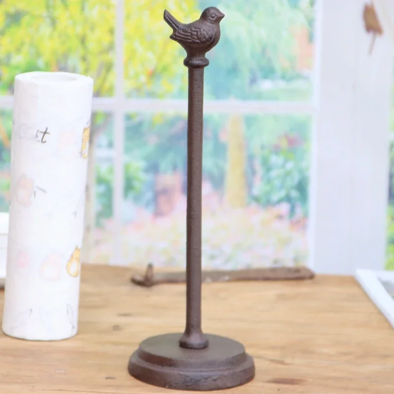 Antique Rustic Cast Iron Scroll Paper Holder With Bird Figurines Handle In Center Vintage Home Garden Table Decor Hemp Rope Rack