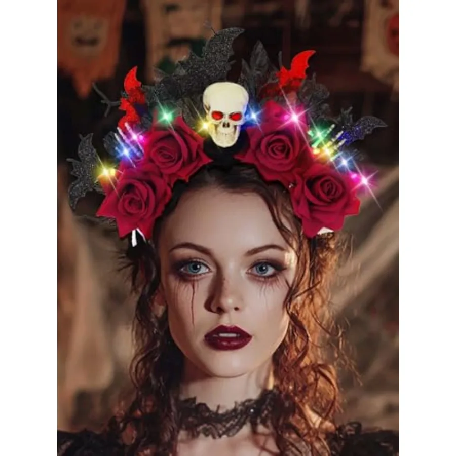 Faixa de cabeça de Halloween GlowintheDark com design de caveira e morcego para fantasia cosplay, ideal para acessórios de festival de roupas de festa femininas