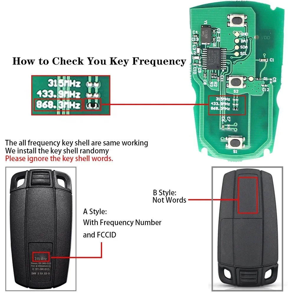 KEYYOU 1PCS New Remote Car Key For BMW CAS3 1/3/5/7 Series X5 X6 E60 E61 E70 E71 E87 E90 Z4 315/433/868MHz PCF7953 KR55WK49123