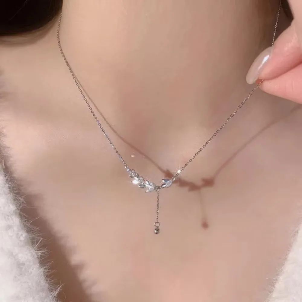 Luxury Delicate 925 Sterling Silver Full Zircon Tassels Wheat Stalk Pendant Necklace for Women Girls Collar Chain Jewelry Gifts