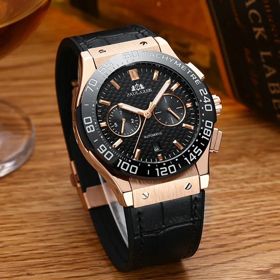 Automatic Watch for Men Ceramic Bezel Blue Luminous Mechanical Leather Rubber Rose Gold Titanium Carbon Fibre Style Luxury