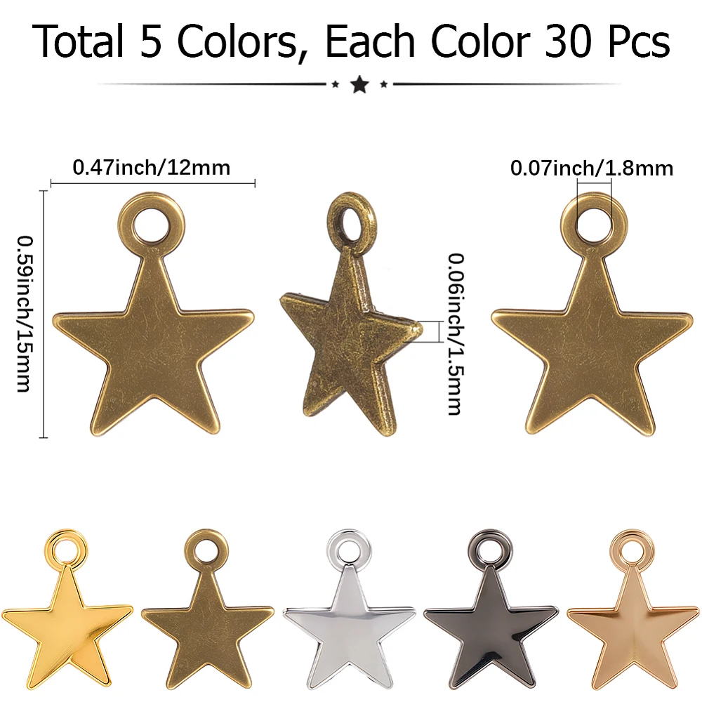 

150Pcs 5 Colors Style Alloy Pendants Star Charms Mixed Color 15x12x1.5mm Hole: 1.8mm 30pcs/color