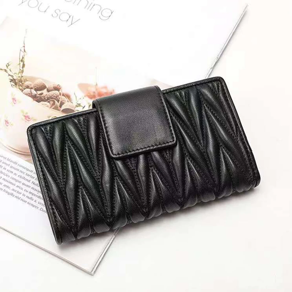 Luxo enrugado pele de carneiro titular do cartão carteira para as mulheres acolchoado couro genuíno feminino longo bolsa grande capacidade lady clutch bag