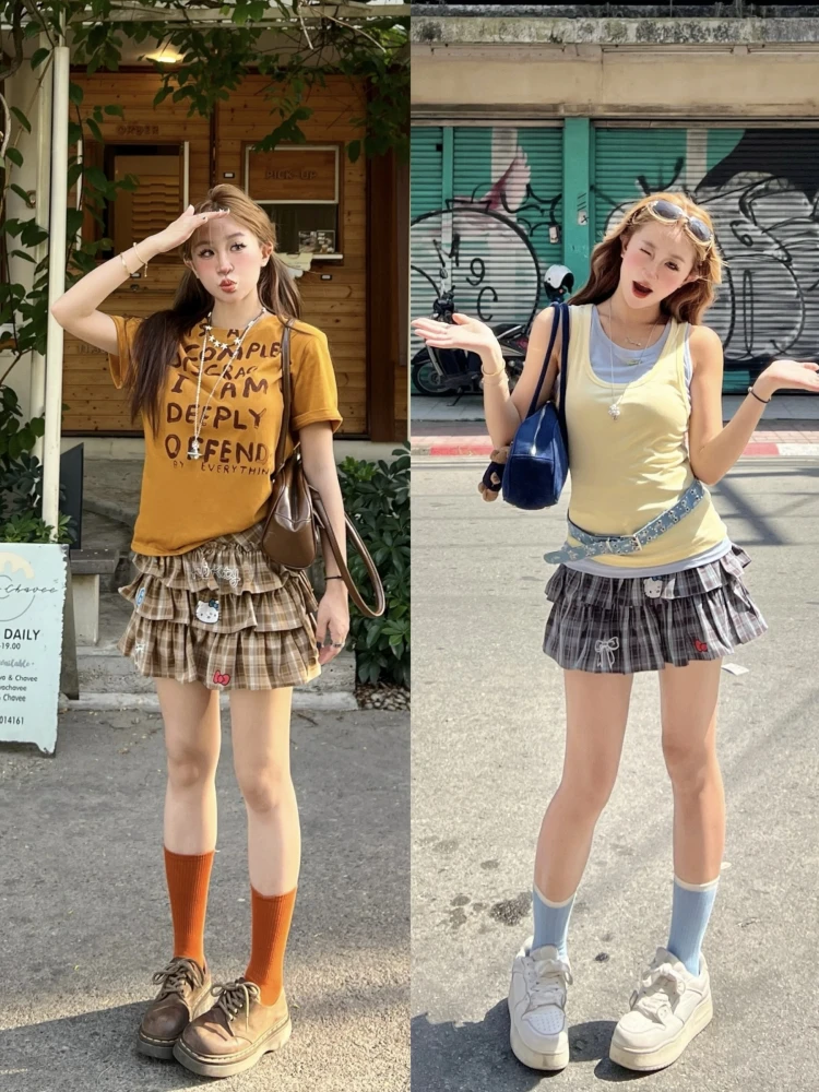 

NiiDaily Rio Island Plaid Skirt with Pattern Color Blo Design Sweet Sle Polyester Fiber Cake Skirt for Girls