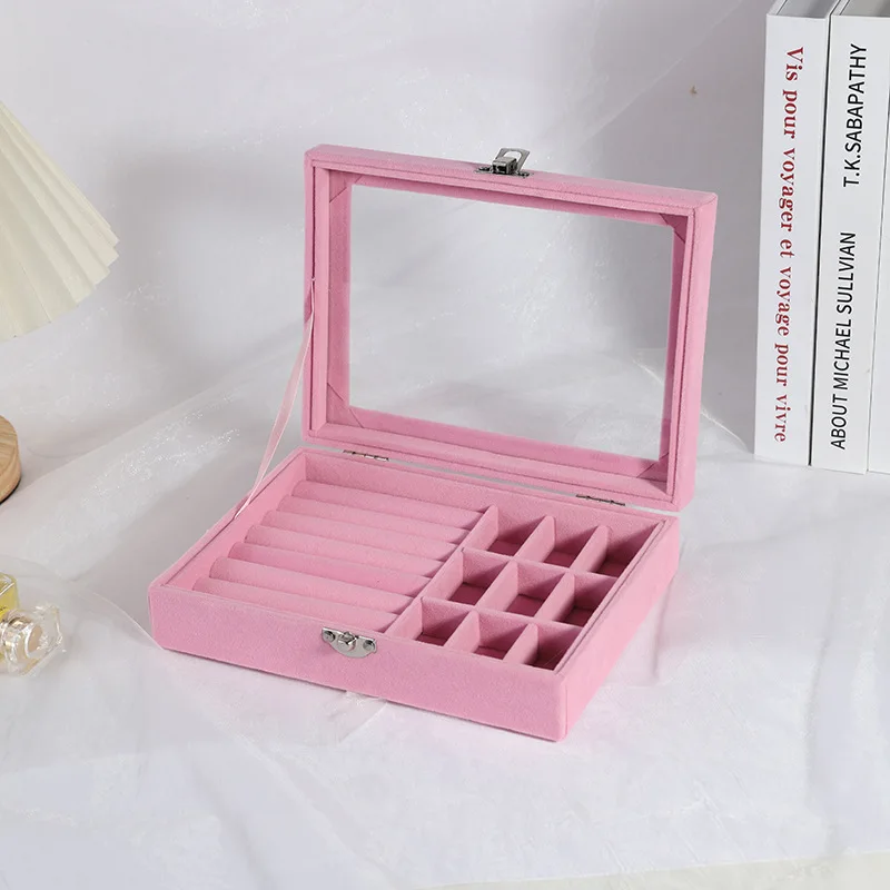 Simple Portable Velvet Jewelry Box, Transparent Lid Jewelry Case, Dustproof Lockable Storage, Gift Box for Rings & Earrings