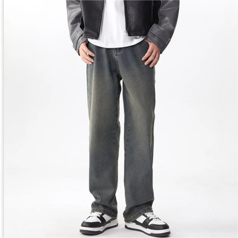 

Autumn Winter New American High Street Cement Gray Jeans Men's Loose Straight Pants Pockets All Seasons Soft