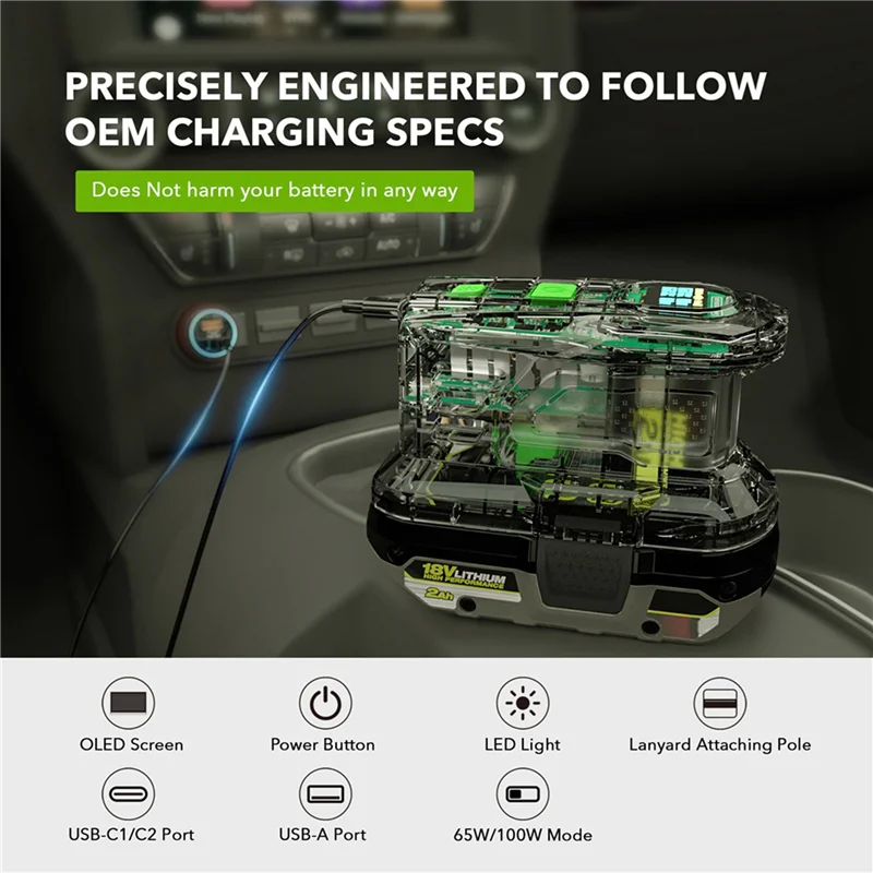

【Sleek Design】2X быстрое зарядное устройство для RYOBI 18V ONE+, зарядное устройство, литиевая батарея, 100 Вт, быстрая зарядка, USB-порт, двустороннее зарядное устройство, PSC