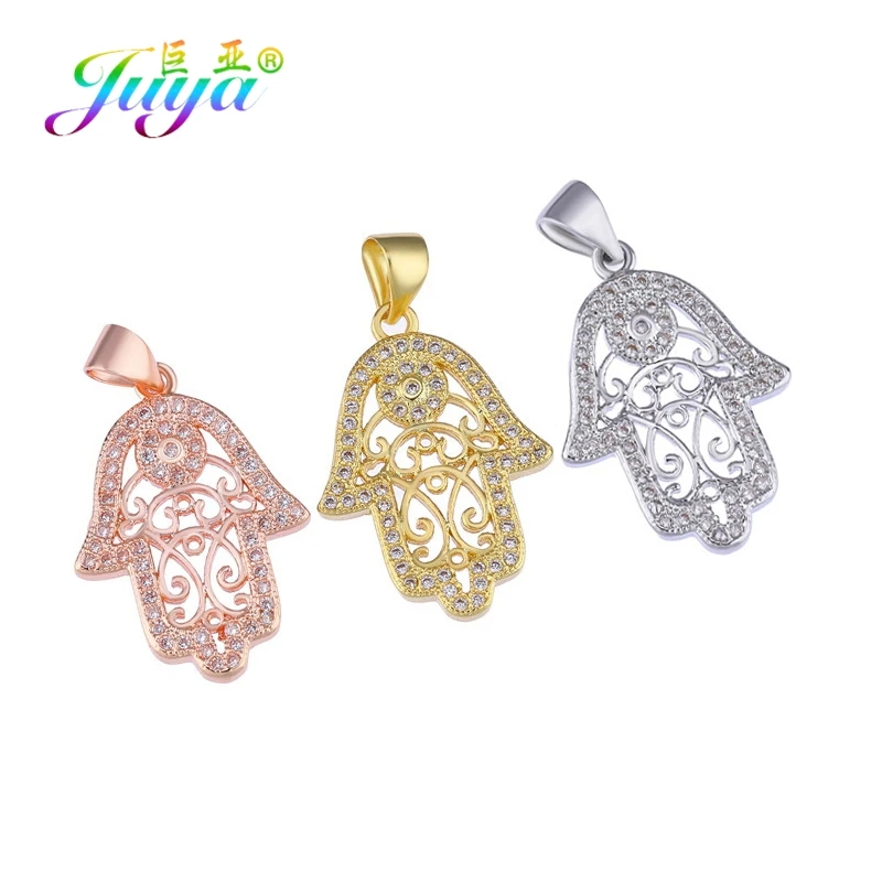 Juya DIY Turkish Jewelry Fittings 18K Plated Copper Hamsa Hand Fatima Pendant For Women Charm Bracelet Necklace Earring Making