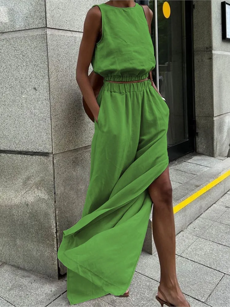 

New Summer Casual Cotton Linen Suit Fashion O-neck Pullover Split Pant Outfits Women Elegant Elastic Waist Solid Loose 2Pc Sets