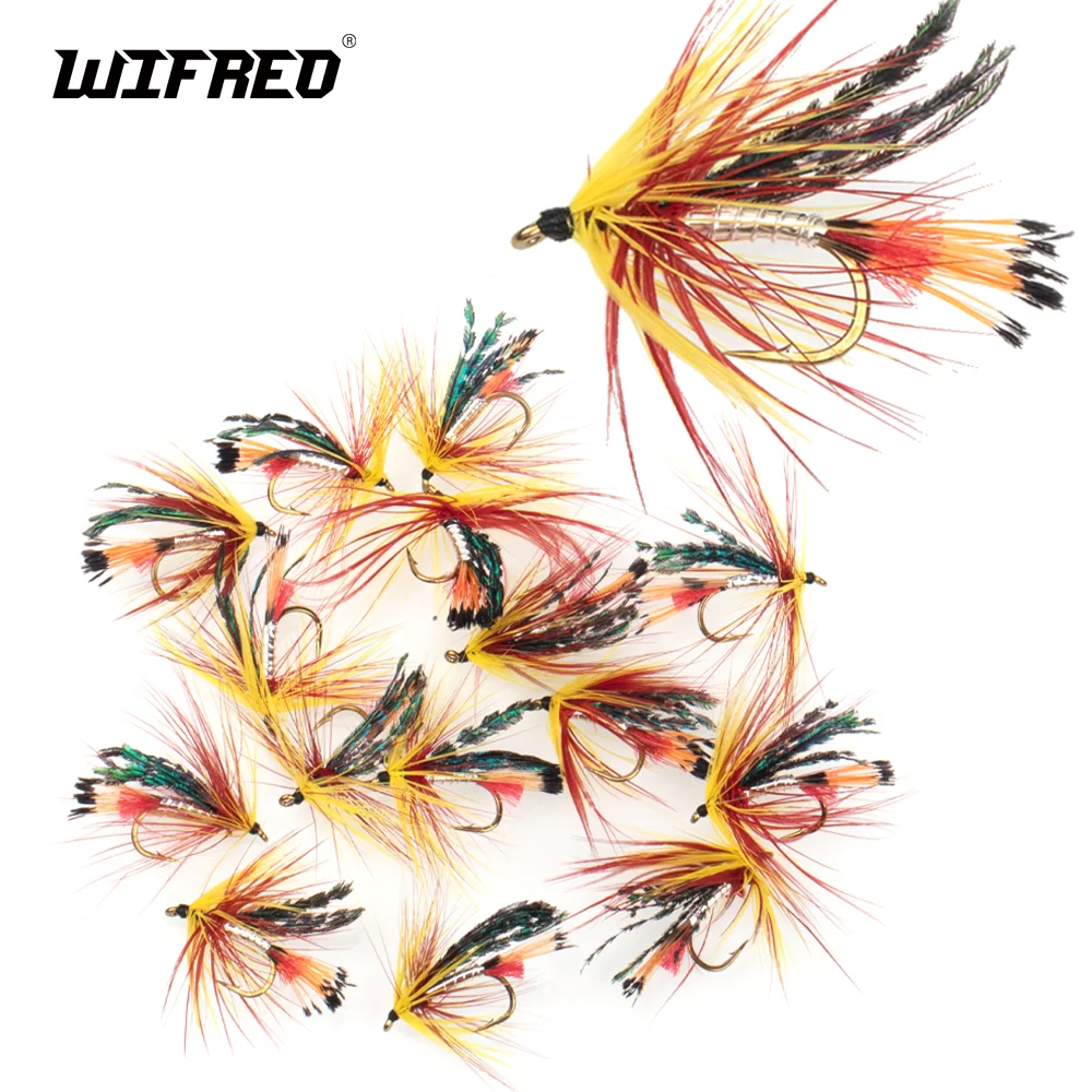 Wifreo 6pcs Salmon Steelhead Fishing Fly Soft Rooster Hackle Peacock Herl Feather Wing Wet Flies for Trout Fishing Lure Bait 10#