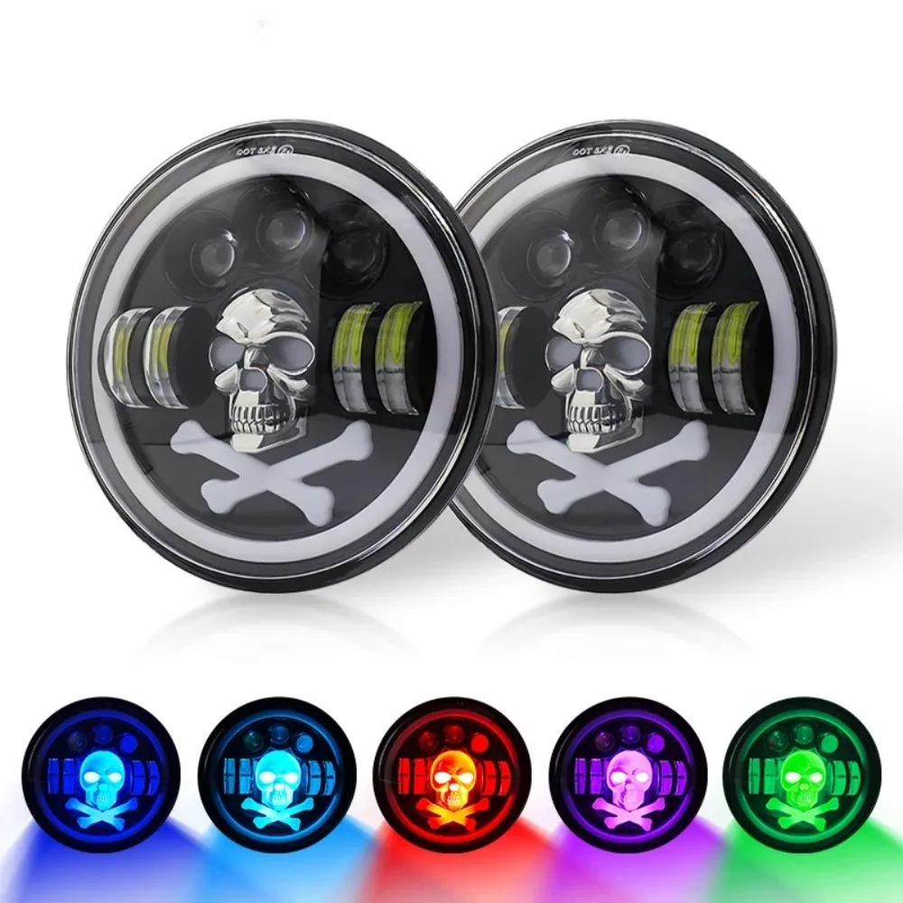 

69W 7-дюймовые светодиодные фары с черепом RGB Halo Angel Eyes DRL Skull Devil Eye Ghost Круглая фара для пикапа Chevrolet C10 Camaro