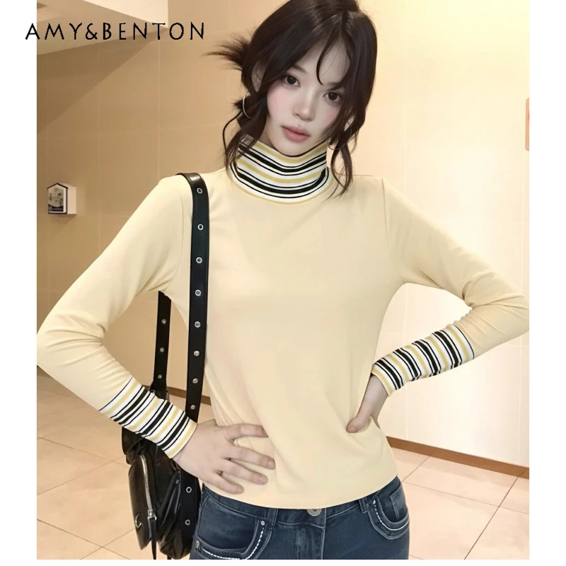 

Женская футболка в корейском стиле Y2K с высоким воротом и длинным рукавом, весна 2026, новая, в полоску, с эффектом похудения, ретро, базовая, для женщин