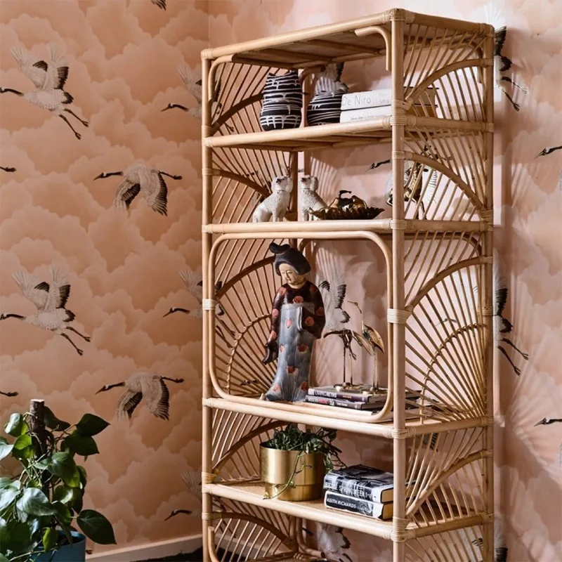 Nordic Ins Natural Rattan Woven Bookshelf Multi-layer Storage Rack Balcony Floor Shelf Small Apartment