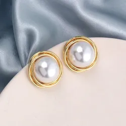 Big Round Imitation Pearl Stud Earring for Women Female Sweet Gold Color Edge Piping Jewelry Party Wedding Christmas Gift