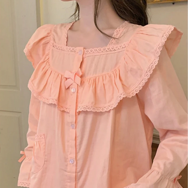 Court Style Nightgowns Women Autumn Spring Ruffles Cotton Longer Kawaii Korean-style Single Breasted Flying Sleeve Cozy Home New