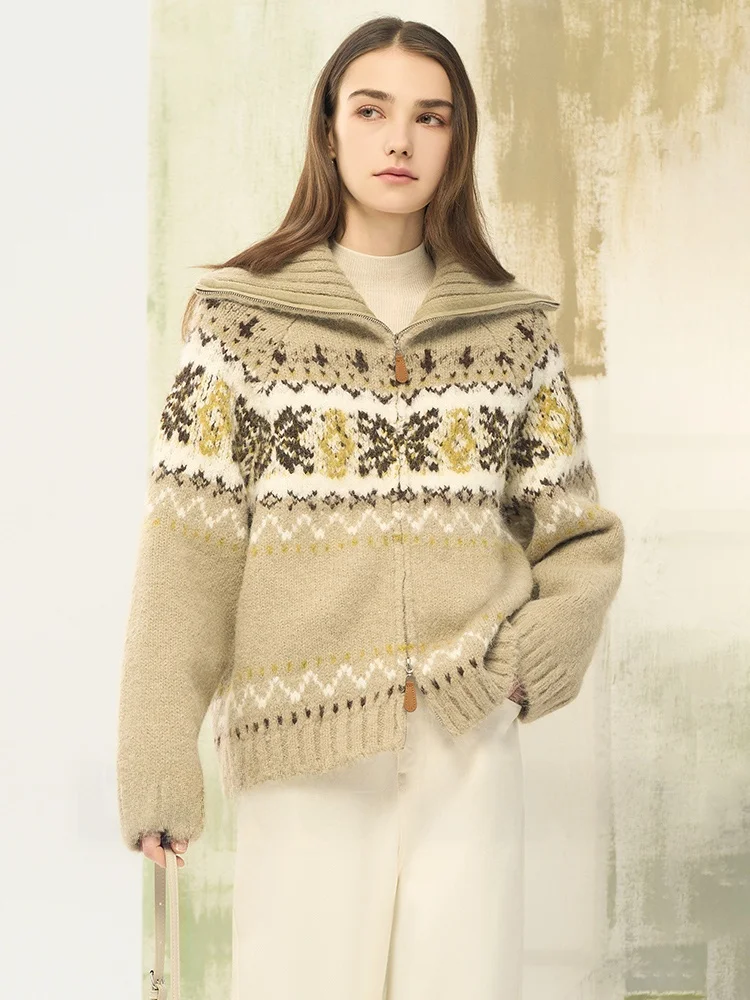 

Liang Town LD·OJ Fair Isle Series Loose Lazy Turn-down Collar Sweater Coat Embroidered Thi Winter Sle Women's Knittedwear