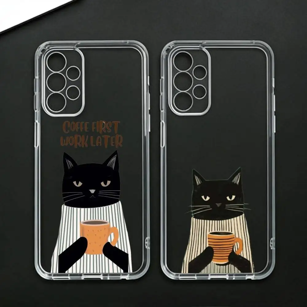 Striped-D C-Coffee Cat  Phone Case For Samsung Galaxy A71,A70,A52,A51,A40,A30 Transparent Cover